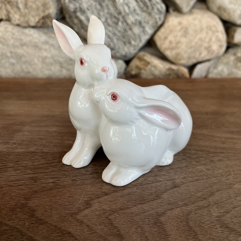 Fitz & Floyd White Ceramic Bunny Rabbit Pair Candle Holder Pink Ears, Easter